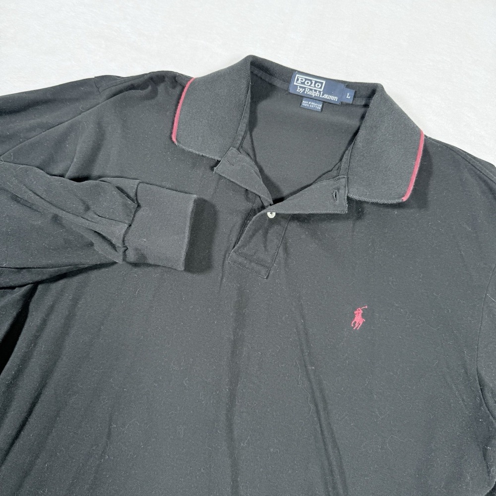 Ralph Lauren Long Sleeve Polo Shirt Men Black 100% Cotton Sz Large Classic Pony